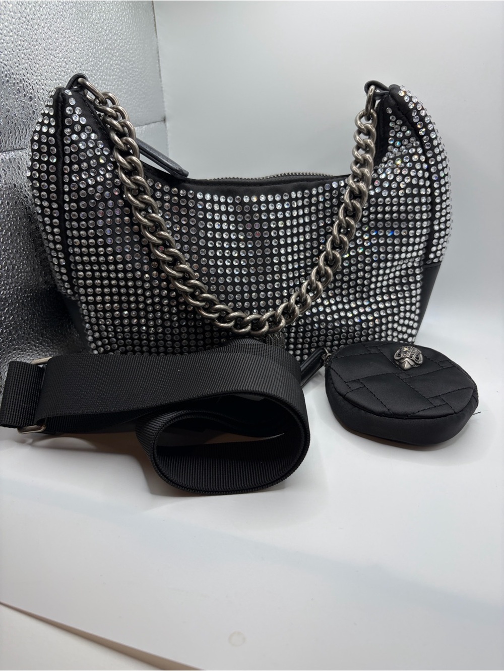 Kurt Geiger Black Shoulder Bag with Silver Studs and Chain